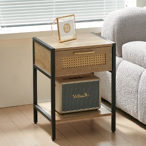 15.74" Rattan End table with drawer, Modern nightstand, metal legs,side table for living room, bedroom,White - 1 of 4