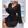 Women's V Neck Casual Cocktail Dress Front Button Long Sleeve Casual Party Midi Dress with Belt - 2 of 4