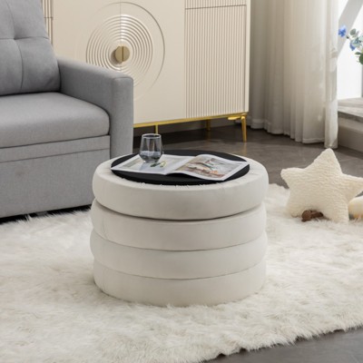 VisioGear Round Storage Ottoman, Velvet Fabric Storage Round Ottoman Footstool with Wooden Shelving, Ivory, 22.44"*22.44"*16.14"