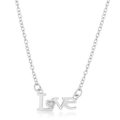 ShineHigh Love Script Necklace – Rhodium-Plated Chain with Solitary CZ Accent, Elegant Letter Pendant Necklace for Women