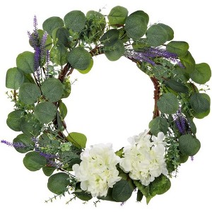 Lavender wreath with green leaves and White Silk Hydrangeas Farmhouse Flower Wreath for Wall or Window Decor - 1 of 4