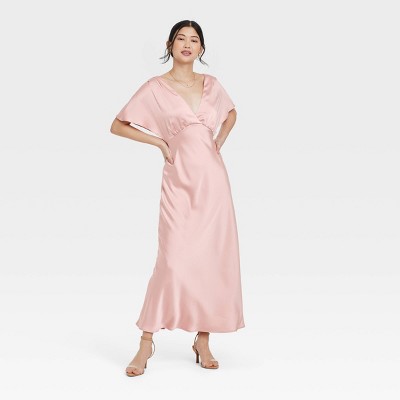 Женские платья A New Day Women's Satin Flutter Short Sleeve Maxi A-Line Dress - A New Day™ Tan M: Deep V Neck, Back Tie, Woven Fabric — фото 3