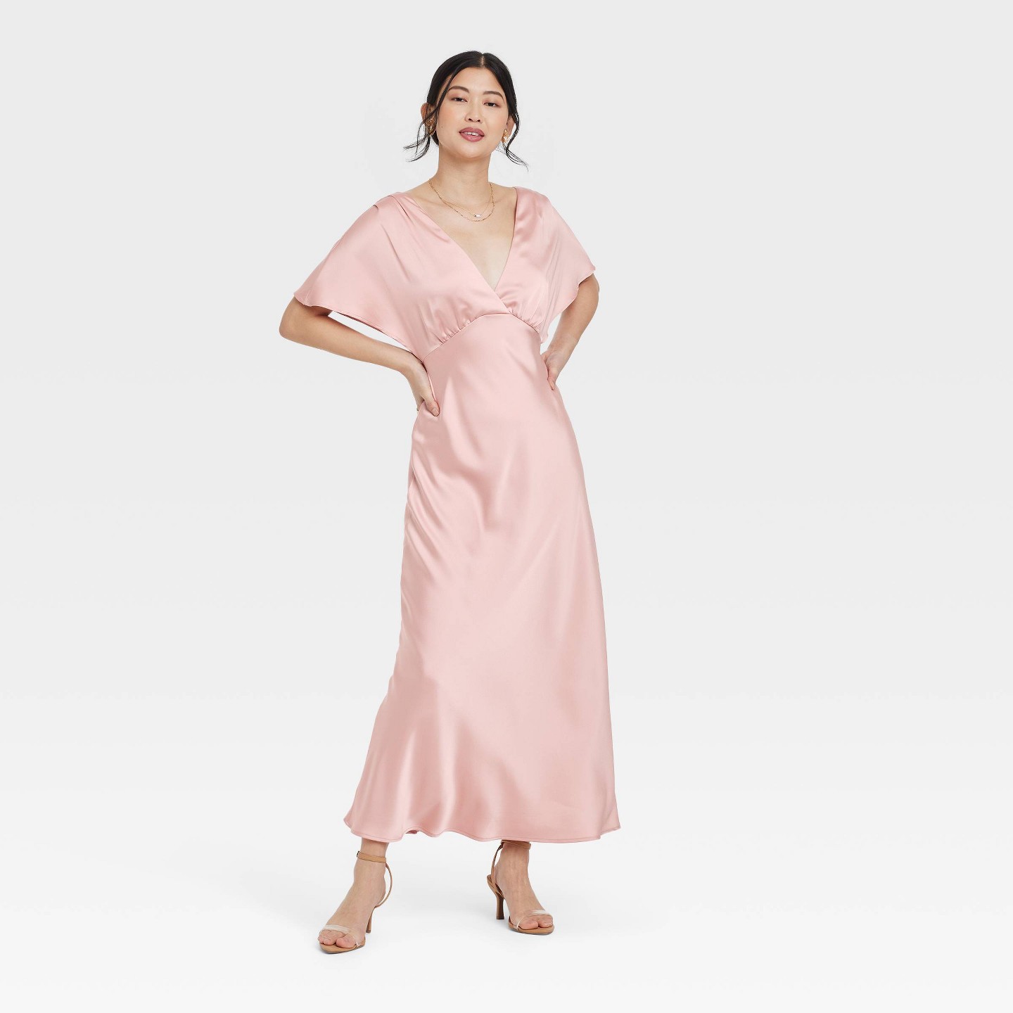 Женское платье A New Day Satin Flutter Short Sleeve Maxi A-Line, цвет: Светлый розовый — фото 3