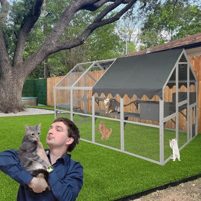 Large Wooden Outdoor Cat House with Platforms and Hammock,110'' Weatherproof Cat Enclosure Cage with Roof for Indoor Outdoor Use - LAOTIES