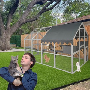 Large Wooden Outdoor Cat House with Platforms and Hammock,110'' Weatherproof Cat Enclosure Cage with Roof for Indoor Outdoor Use - LAOTIES - 1 of 4