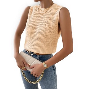Coolmee Sweater Crochet Tank Tops for Women Casual Crewneck Hollow Out Loose Knit Sleeveless Sweater Vest Top - 1 of 2