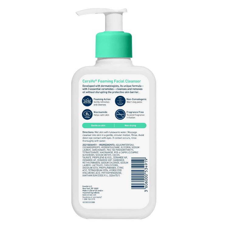 White bottle of CeraVe Foaming Facial Cleanser with a green pump and detailed product information on the label.