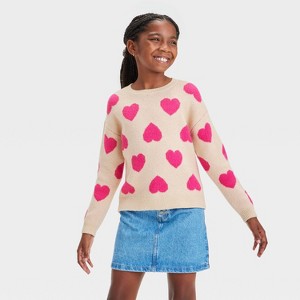 Girls' 'Heart' Pullover Sweater - Cat & Jack™ Oatmeal - 1 of 4