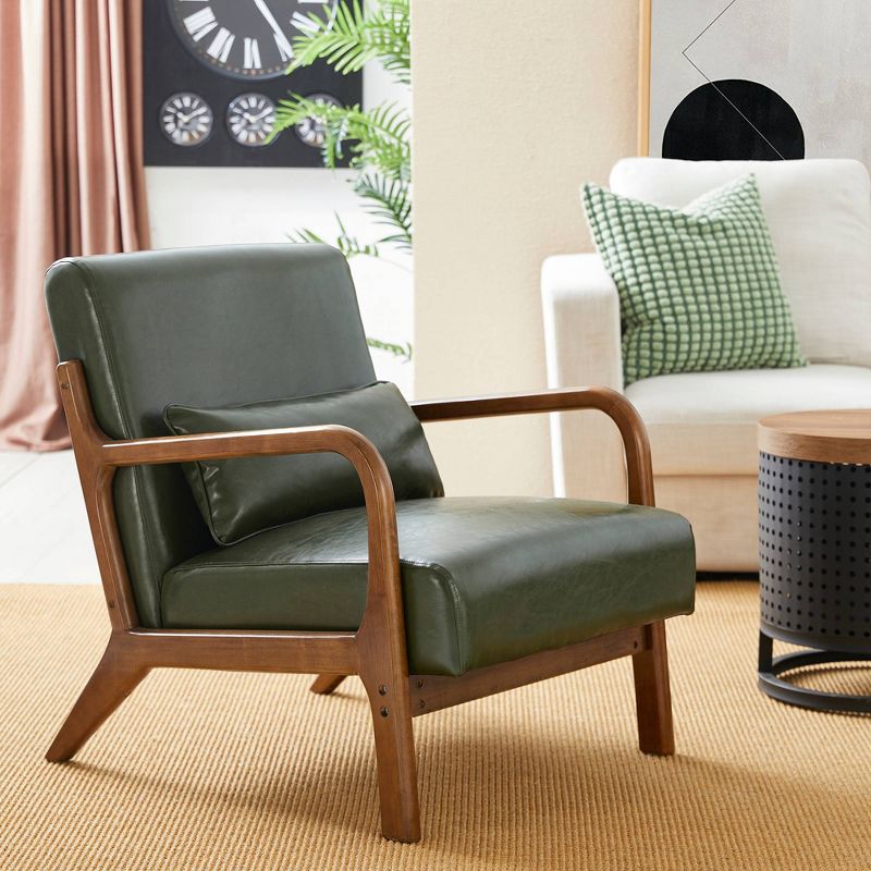 Mid-Century Modern Leatherette Arm Accent Chair Walnut Rubberwood Frame - Hunter Green - Glitzhome, 3 of 10