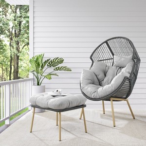 Outdoor PE Wicker Egg Chair with Ottoman for Balcony - 1 of 4