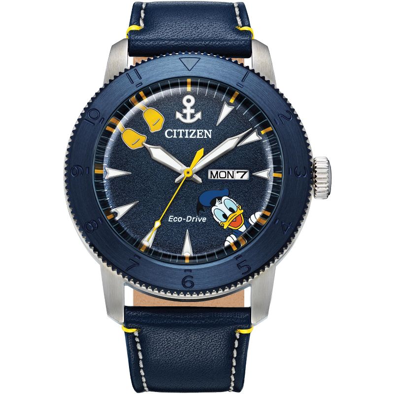 Citizen Disney Eco-Drive watch featuring Donald Duck 3-hand Silver Tone Blue Leather Strap, 1 of 5