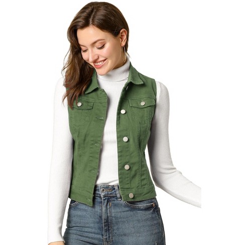 Allegra K Women's Buttoned Washed Denim Vest with Faux Chest Flap Pockets  Olive Green Small