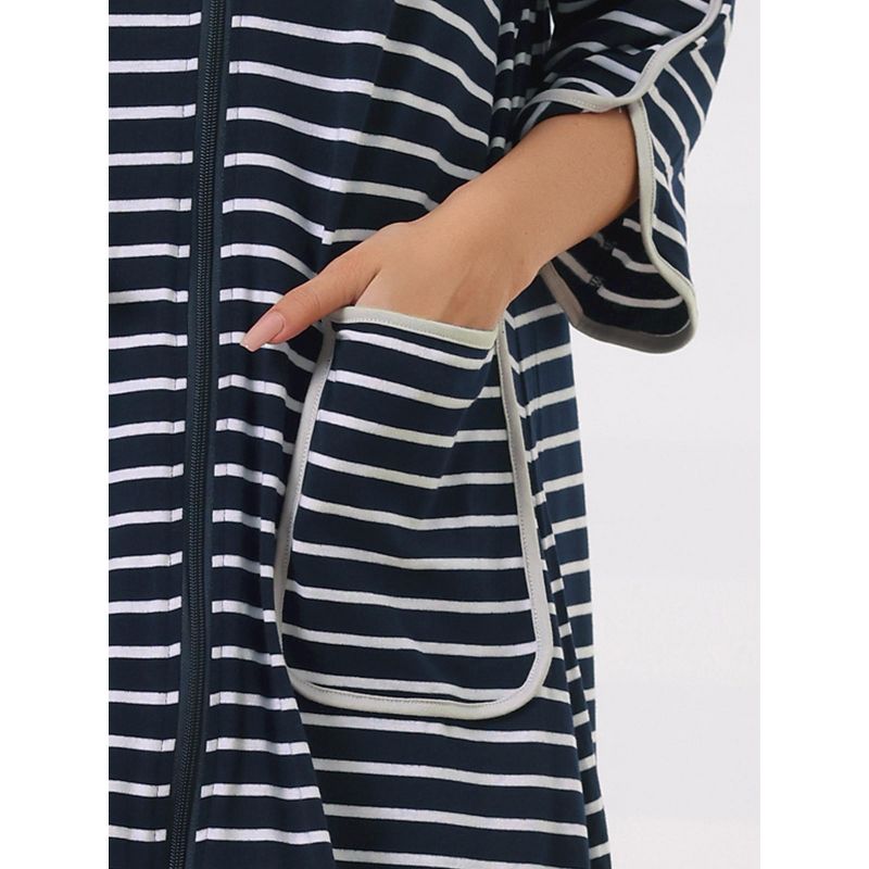 cheibear Women's Zip Front Robe 3/4 Sleeve Striped Long Bathrobe Dress Pajama, 4 of 6