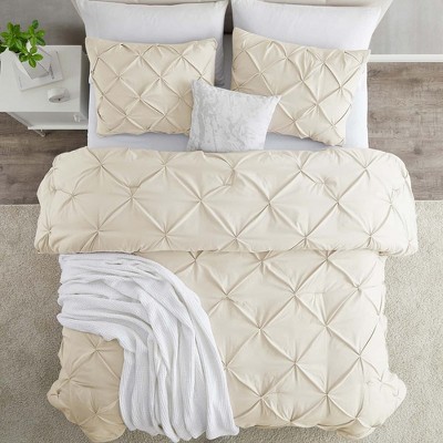 Beige Pintuck Microfiber Full/Queen Duvet Cover Set