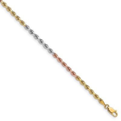 Black Bow Jewelry 3mm 14k Tri-Color Gold, D/C Solid Rope Chain Bracelet
