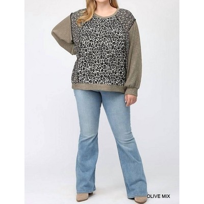 Women's Leopard And Ditsy Mixed Print Dolman Top - GiGiO