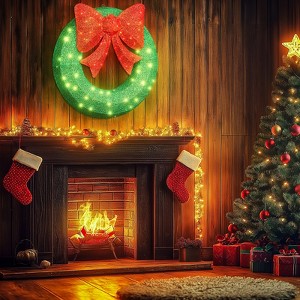 Hooseng Pre-Lit Christmas Lighted Wreath Display Decor, 35" Xmas Wreath with Bow and 90 LED Lights, Holiday Festival Vacation Decoration - 1 of 4