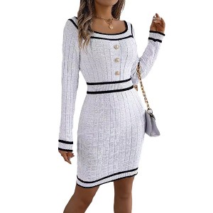 Women's Dress Contrast Trimmed Knit Sweater Dress Square Neck Dress - 1 of 4