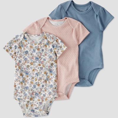 Image of Little Planet by Carter's Organic Baby Girls' 3pk Floral Bodysuit - White/Brown/Blue 3M