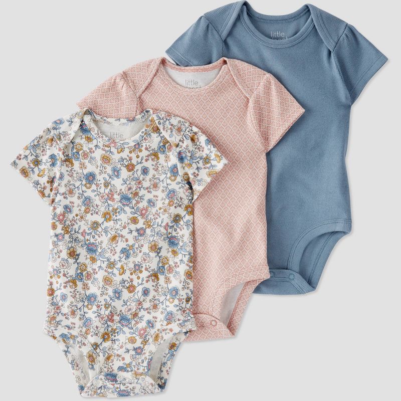 Little Planet by Carter’s Organic Baby Girls' 3pk Floral Bodysuit - White/Brown/Blue, 1 of 6