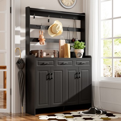 Shoe Cabinet Storage for Entryway, Sturdy Freestanding Shoe Organizer with Four-Door, Tall Shoes Cabinet with Coat Rack