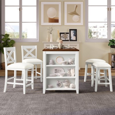 NicBex Dining Room Table Set Morden Kitchen Table with 3 Storage Shelves, 2 Upholstered Chairs and 2 Stools for Dining Room