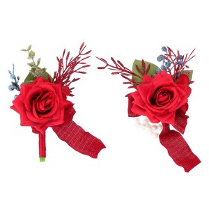Unique Bargains Rose Corsage and Boutonnieres Set For Party Wedding Flowers Pin 2.76 Inch 2 Pcs - 1 of 4