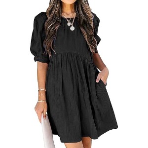 Coolmee Women's Crewneck Puff Sleeve Babydoll Elegant Waist Swing Skater Mini Dresses - 1 of 4