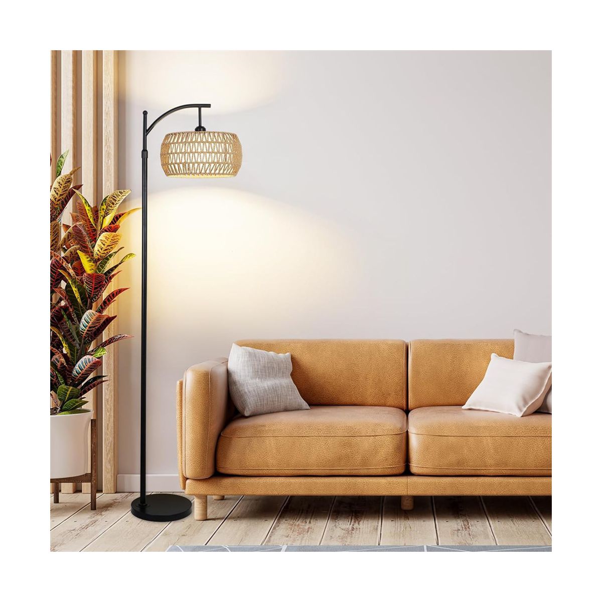 Arc Floor Lamp with 3 Color Temperatures, Boho Standing Lamp with Rattan & Fabric Shades, Farmhouse Tall Lamp for Living Room Bedroom