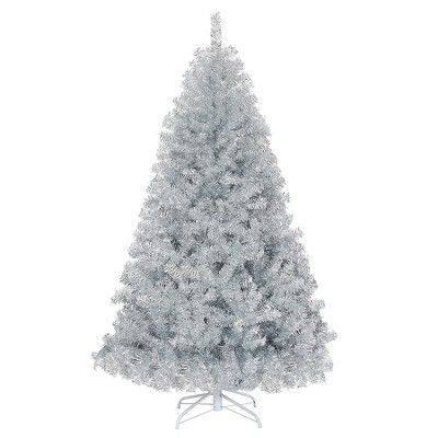 Costway 6Ft Hinged Unlit Artificial Silver Tinsel Christmas Tree Holiday w/Metal Stand