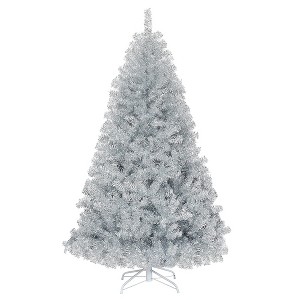 Costway 6Ft Hinged Unlit Artificial Silver Tinsel Christmas Tree Holiday w/Metal Stand - 1 of 4