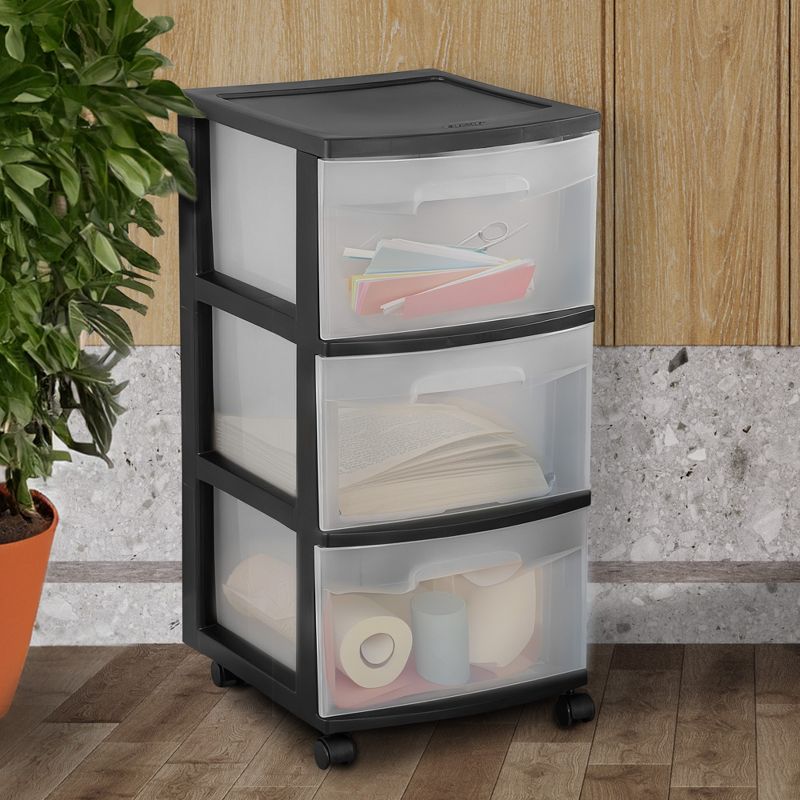 Sterilite 3-Drawer Plastic Rolling Storage Cart, Clear with Black Frame, 5 of 9