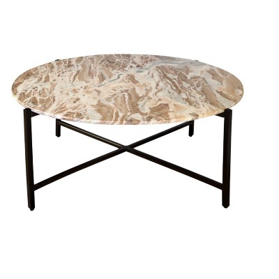 HomeRoots 32" Brown and Charcoal Genuine Marble Round Coffee Table