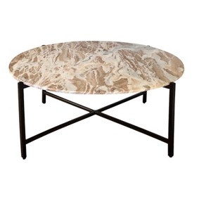 HomeRoots 32" Brown and Charcoal Genuine Marble Round Coffee Table - 1 of 4