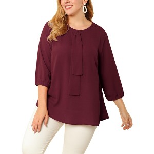 Agnes Orinda Women's Plus Size Chiffon Tie Round Neck  3/4 Sleeve Elegant Work Blouses - 1 of 4