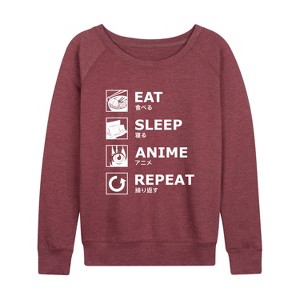 Women's - Instant Message - Eat Sleep Anime Repeat Lightweight French Terry Wide Neck Long Sleeve Graphic Shirt - 1 of 4