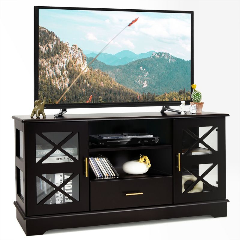 Costway Glass Door TV Stand Entertainment Center w/ Drawer Storage Shelves Brown, 1 of 11