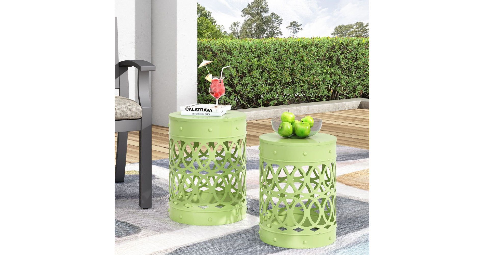 TUYOHW Round Patio End Table,Metal Patio Side Table for Backyard,Pool, Indoor Companion,Durable and Rustproof,Green,2PC