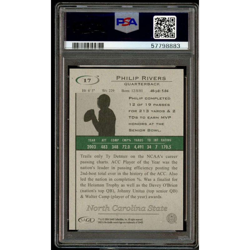 Philip Rivers Rookie Card 2004 SAGE HIT #17 PSA 10, 2 of 3