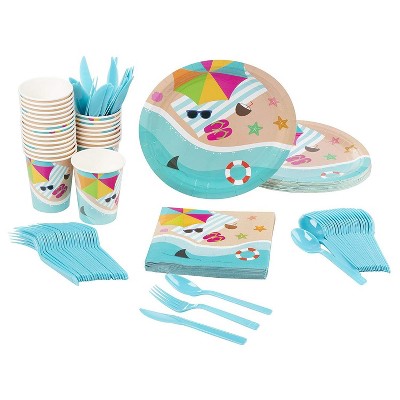 Blue Panda 24 Sets Disposable Dinnerware Set Plate Knife Spoon Fork Cup Napkin, Summer Beach Party Supplies