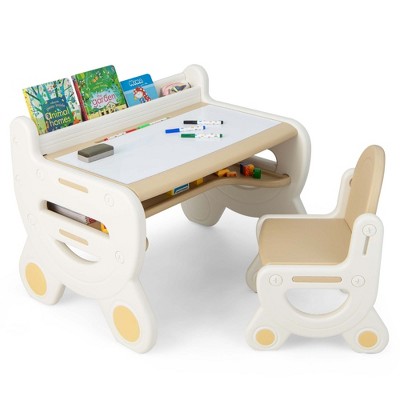 Costway Kids Art Table & Chairs Set Wooden Drawing Desk with