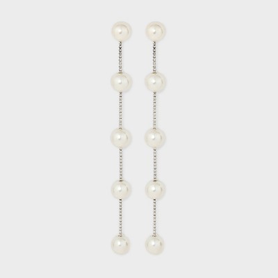 Linear Pearl Drop Earrings - Silver