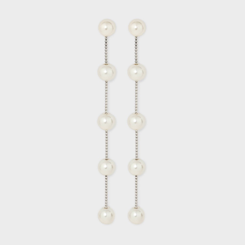 Linear Pearl Drop Earrings - Silver