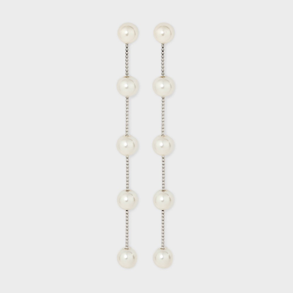 Photos - Earrings Linear Pearl Drop  - Silver