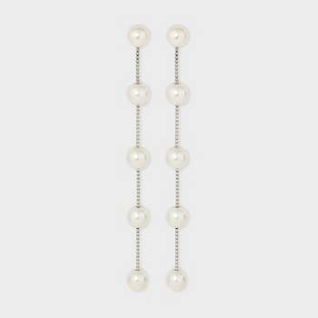 Linear Pearl Drop Earrings - Silver