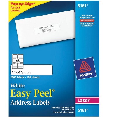 Avery Easy Peel Permanent-Adhesive Address Labels For Laser Printers, 1 x 4 Inches, White, Box of 2000