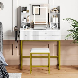 Small White Vanity Desk with Mirror and Lights, Makeup Vanity Desk with ...