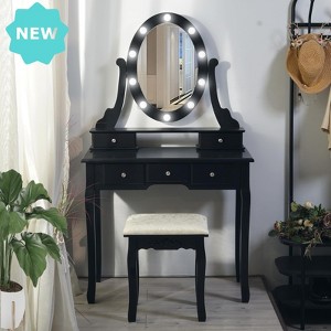 Jojoka Wood Makeup Vanity Set with Oval Mirror, LED Lights, 5 Drawers & Comfortable Stool, Vanity Desk and Study Table for Girls & Women - 1 of 4