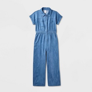 Girls' Adaptive Short Sleeve Jumpsuit - Cat & Jack™ Medium Wash - 1 of 4
