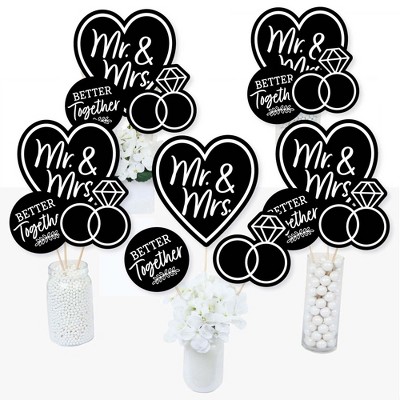 Big Dot of Happiness Mr. and Mrs. - Black and White Wedding or Bridal Shower Centerpiece Sticks - Table Toppers - Set of 15